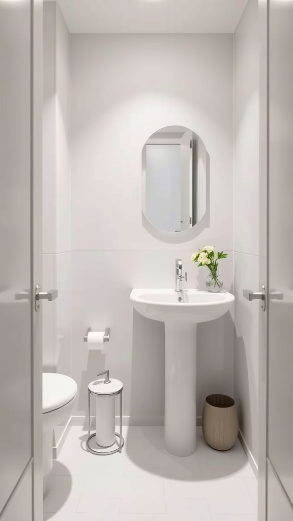22+ Creative Small Bathroom Design Ideas for Maximum Style 16 A small bathroom with minimalist fixtures, including a glass shower, wall-mounted sink, and simple decor.