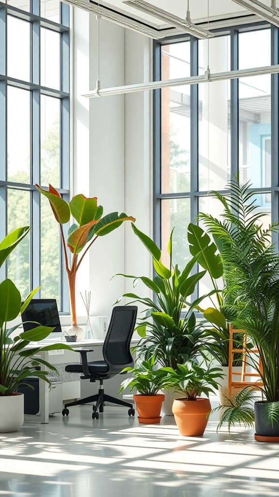 25+ Inspiring Boho Home Office Ideas to Spark Creativity & Comfort 4 A bright and airy home office filled with large windows and various potted plants