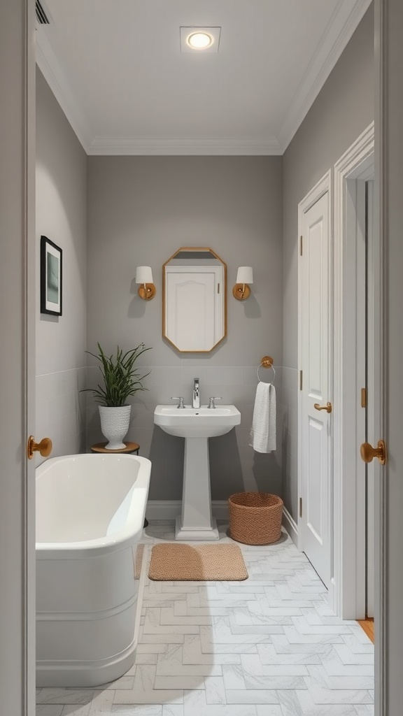 22+ Creative Small Bathroom Design Ideas for Maximum Style 22 Small bathroom featuring a neutral color scheme with a bathtub, sink, and decorative elements.