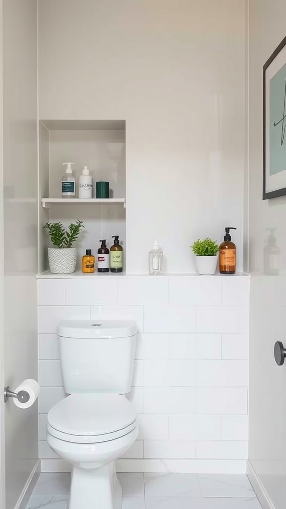 22+ Creative Small Bathroom Design Ideas for Maximum Style 20 A small bathroom with niche storage above the toilet, displaying various toiletries and plants.