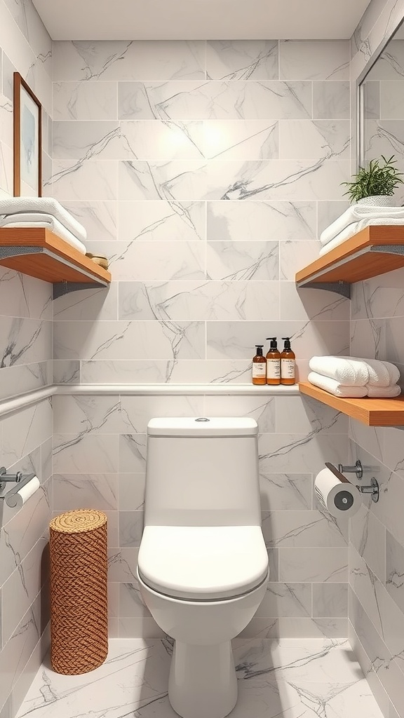 22+ Creative Small Bathroom Design Ideas for Maximum Style 12 Small bathroom with open shelving, towels, and toiletries neatly arranged.
