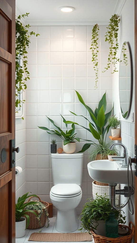 22+ Creative Small Bathroom Design Ideas for Maximum Style 15 A cozy small bathroom filled with various plants, featuring a white toilet and sink, and a warm wooden door.