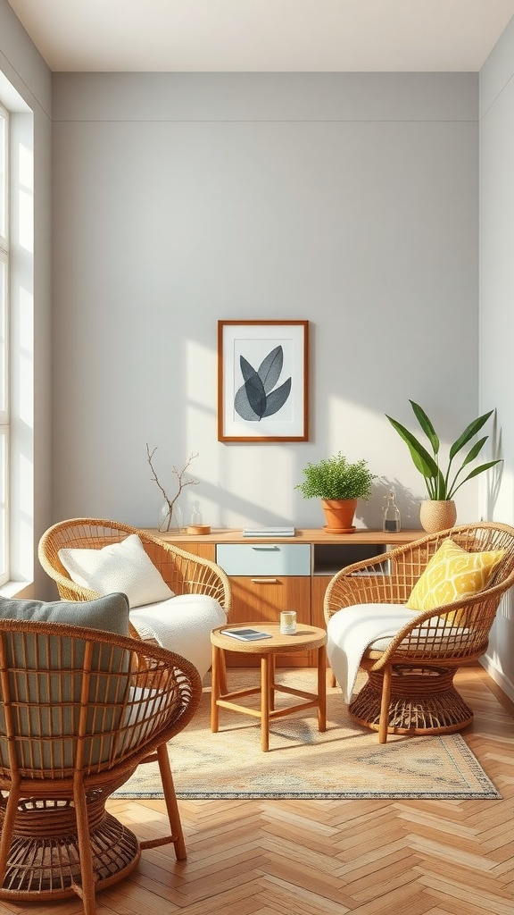 25+ Inspiring Boho Home Office Ideas to Spark Creativity & Comfort 19 A cozy home office featuring rattan chairs and natural decor.