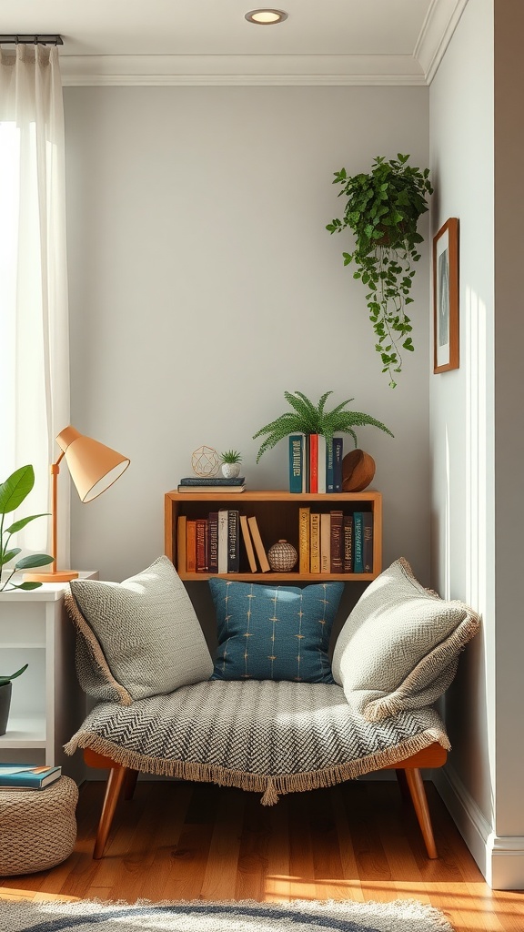 25+ Inspiring Boho Home Office Ideas to Spark Creativity & Comfort 3 A cozy reading nook featuring a comfortable seating area with cushions, a bookshelf filled with books, and plants for a refreshing atmosphere.