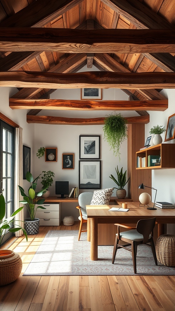 25+ Inspiring Boho Home Office Ideas to Spark Creativity & Comfort 16 A boho home office featuring rustic wooden beams, plants, and a warm color palette.