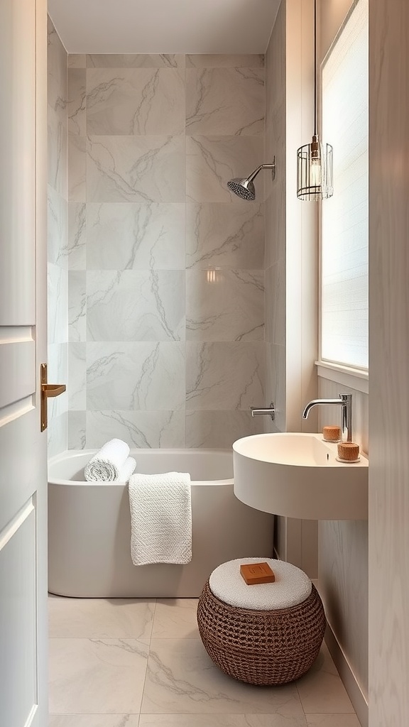 22+ Creative Small Bathroom Design Ideas for Maximum Style 23 A small bathroom featuring soft textiles, a cozy atmosphere, and elegant decor.