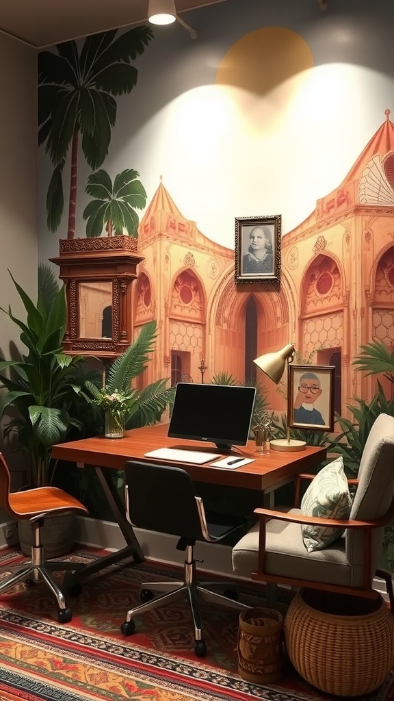 25+ Inspiring Boho Home Office Ideas to Spark Creativity & Comfort 24 A person in a home office with a large wall mural and modern furniture