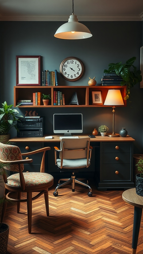 25+ Inspiring Boho Home Office Ideas to Spark Creativity & Comfort 6 A cozy home office featuring vintage furniture, a stylish chair, and a wooden desk, surrounded by plants and decor.