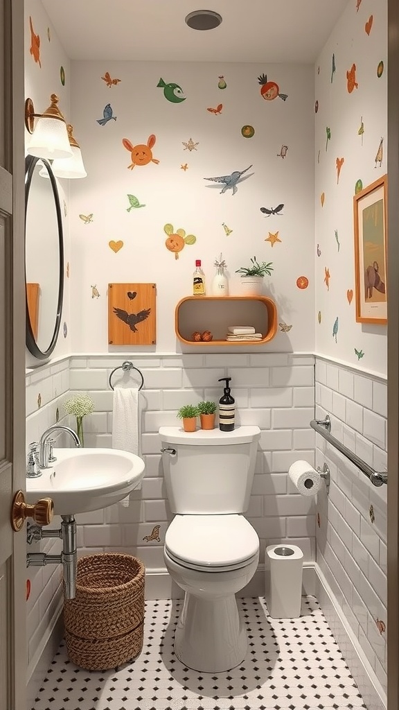 22+ Creative Small Bathroom Design Ideas for Maximum Style 19 A small bathroom featuring whimsical decor with colorful animal stickers on the walls and cozy accessories.